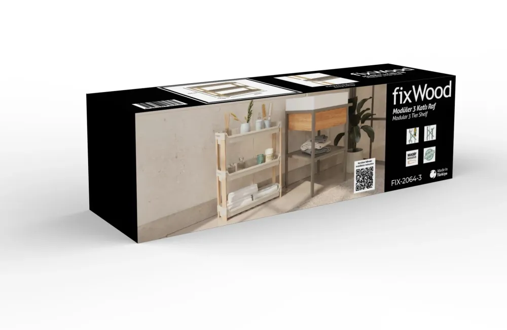 FixWood 3-laags Modulair Opbergrek – Natuurlijke Houtlook & Crèmekleur – Badkamerrek, Keukenrek Plantenrek – Stevig & Stap...