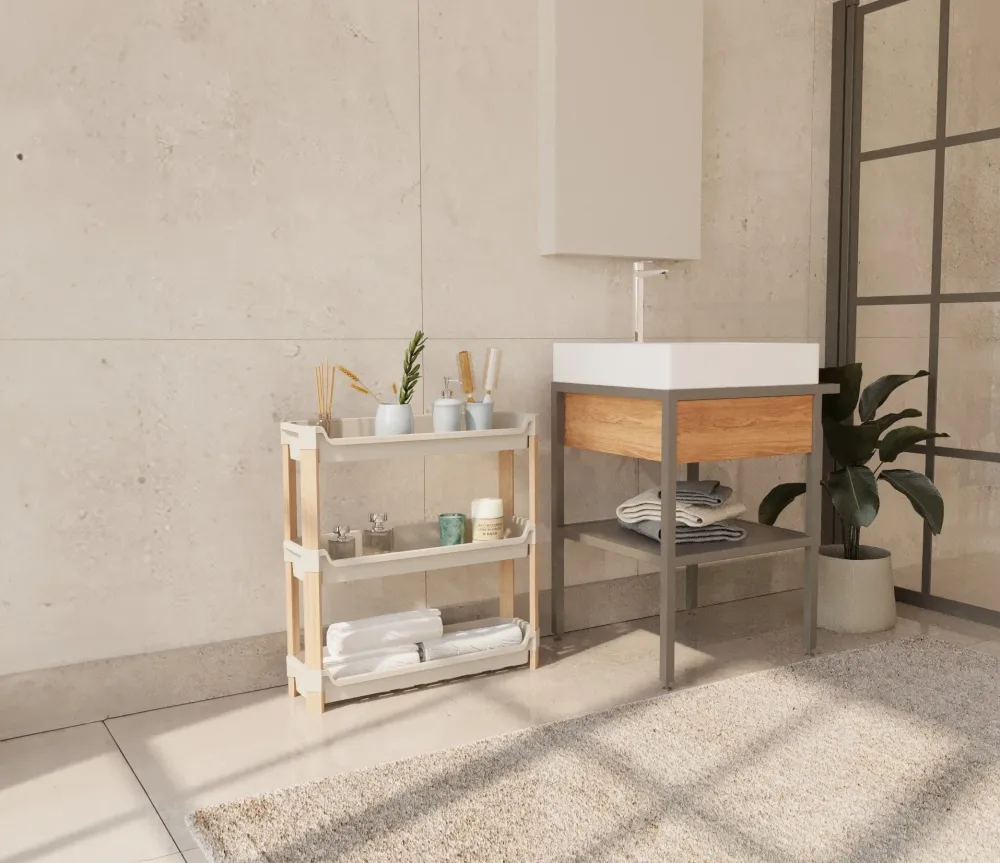 FixWood 3-laags Modulair Opbergrek – Natuurlijke Houtlook & Crèmekleur – Badkamerrek, Keukenrek Plantenrek – Stevig & Stap...