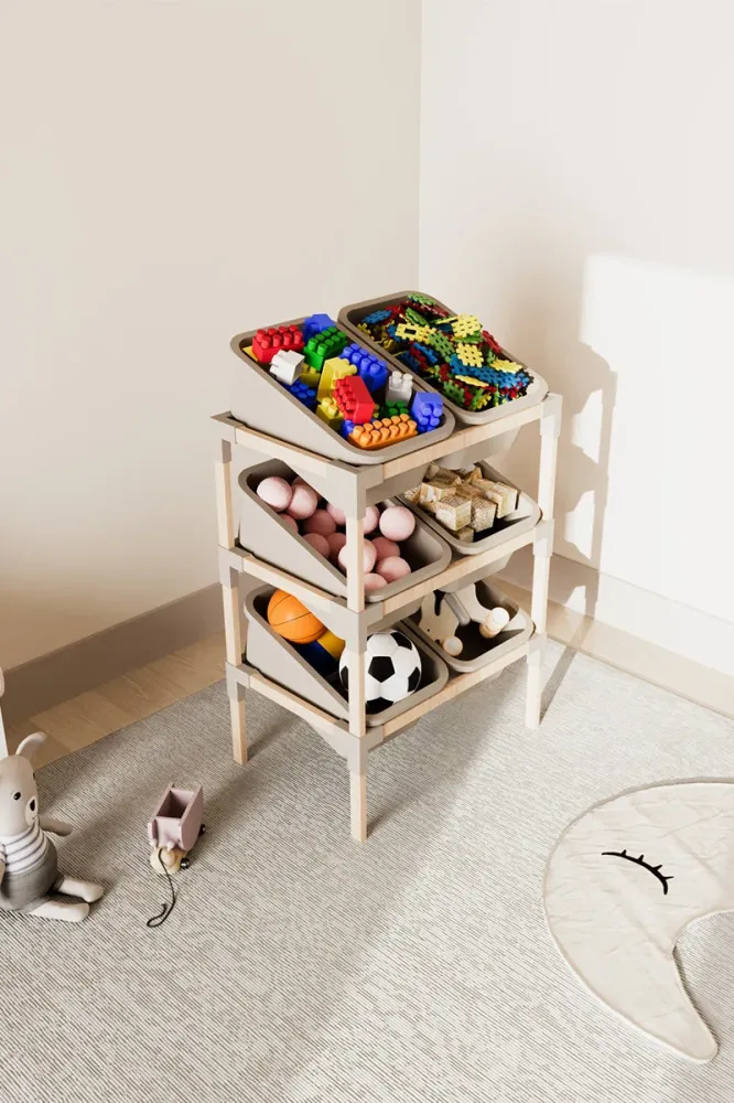 FixWood 3-laags Opbergrek met 6 uitneembare bakken – Houten Speelgoed- en Groente Organizer – 90x55x39 cm – Duurzaam en mu...