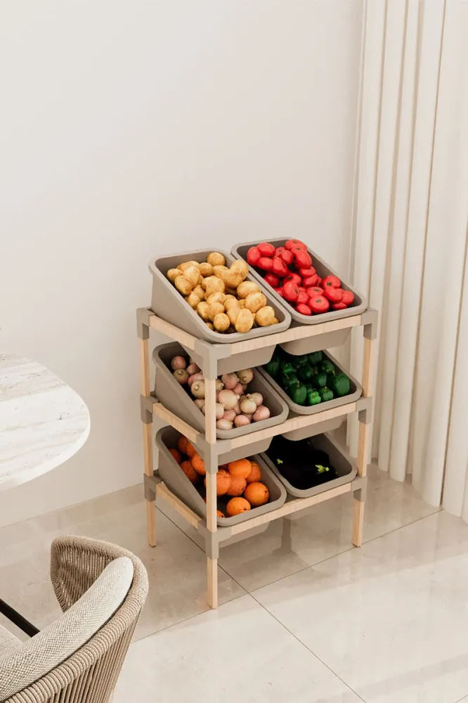 FixWood 3-laags Opbergrek met 6 uitneembare bakken – Houten Speelgoed- en Groente Organizer – 90x55x39 cm – Duurzaam en mu...