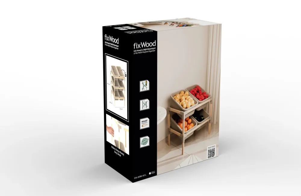FixWood 3-laags Opbergrek met 6 uitneembare bakken – Houten Speelgoed- en Groente Organizer – 90x55x39 cm – Duurzaam en mu...