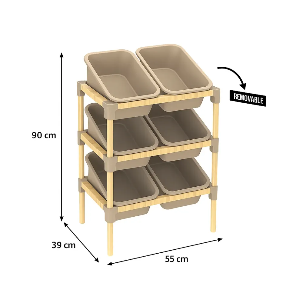 FixWood 3-laags Opbergrek met 6 uitneembare bakken – Houten Speelgoed- en Groente Organizer – 90x55x39 cm – Duurzaam en mu...