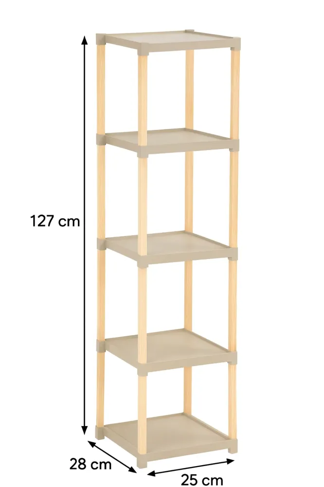 FixWood Houten Modulaire Opbergrek – Massief Hout & Kunststof – Badkamerrek, Keukenrek Plantenrek – 127 cm Hoog – Beige-Na...