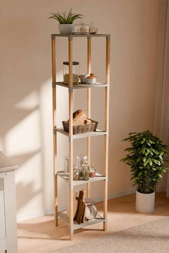 FixWood Houten Modulaire Opbergrek – Massief Hout & Kunststof – Badkamerrek, Keukenrek Plantenrek – 127 cm Hoog – Beige-Na...