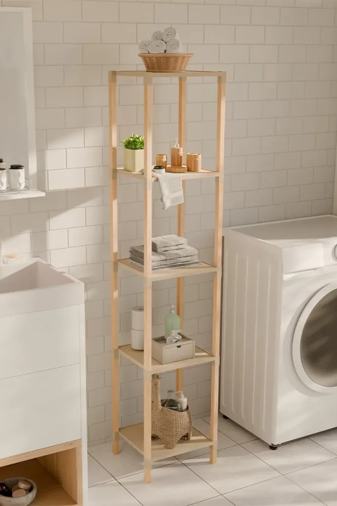 FixWood Houten Modulaire Opbergrek – Massief Hout & Kunststof – Badkamerrek, Keukenrek Plantenrek – 127 cm Hoog – Beige-Na...