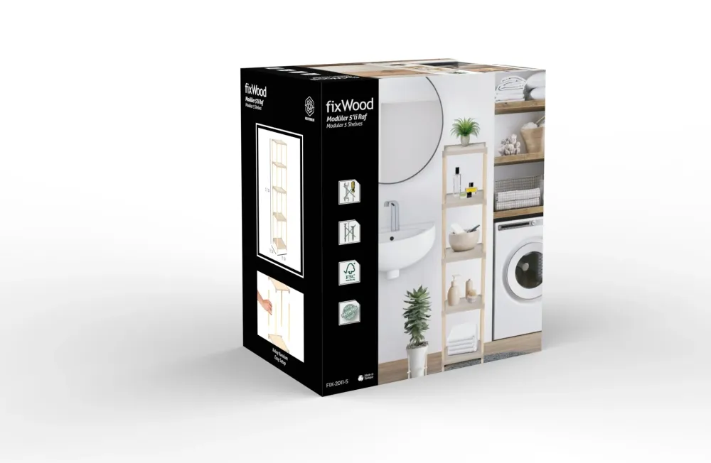 FixWood Houten Modulaire Opbergrek – Massief Hout & Kunststof – Badkamerrek, Keukenrek Plantenrek – 127 cm Hoog – Beige-Na...