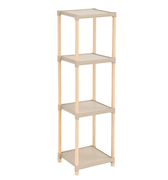 FixWood Houten Modulaire Opbergrek – Massief Hout & Kunststof – Badkamerrek, Keukenrek Plantenrek – 105 cm Hoog – Beige-Na...
