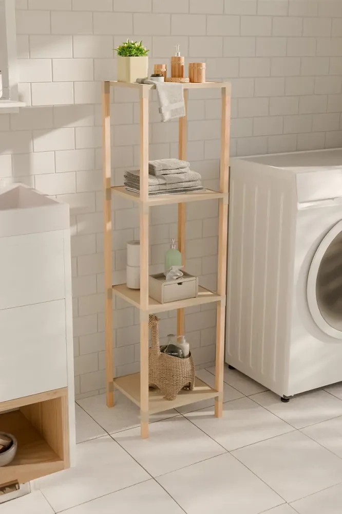 FixWood Houten Modulaire Opbergrek – Massief Hout & Kunststof – Badkamerrek, Keukenrek Plantenrek – 105 cm Hoog – Beige-Na...