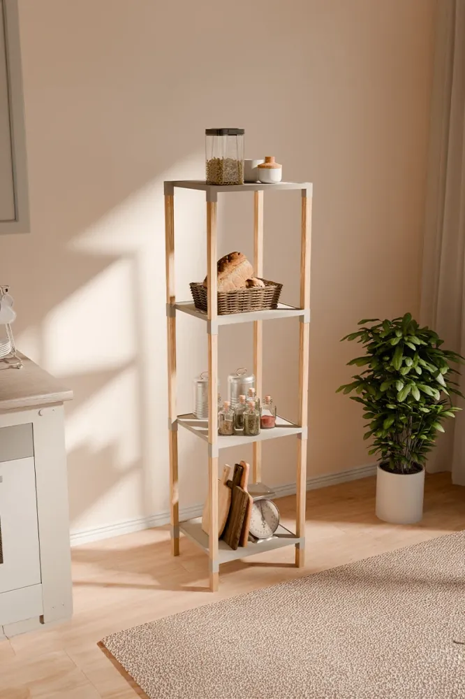 FixWood Houten Modulaire Opbergrek – Massief Hout & Kunststof – Badkamerrek, Keukenrek Plantenrek – 105 cm Hoog – Beige-Na...