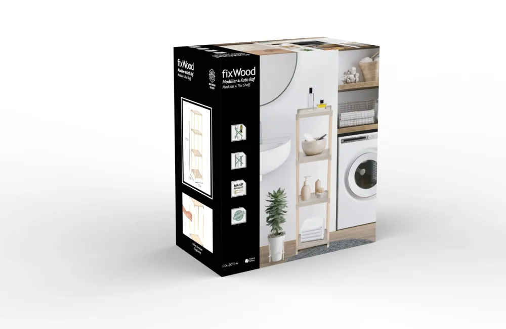 FixWood Houten Modulaire Opbergrek – Massief Hout & Kunststof – Badkamerrek, Keukenrek Plantenrek – 105 cm Hoog – Beige-Na...