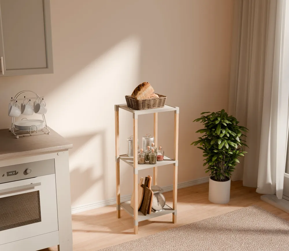FixWood Houten Modulaire Opbergrek – Massief Hout & Kunststof – Badkamerrek, Keukenrek Plantenrek – 72 cm Hoog – Beige-Nat...