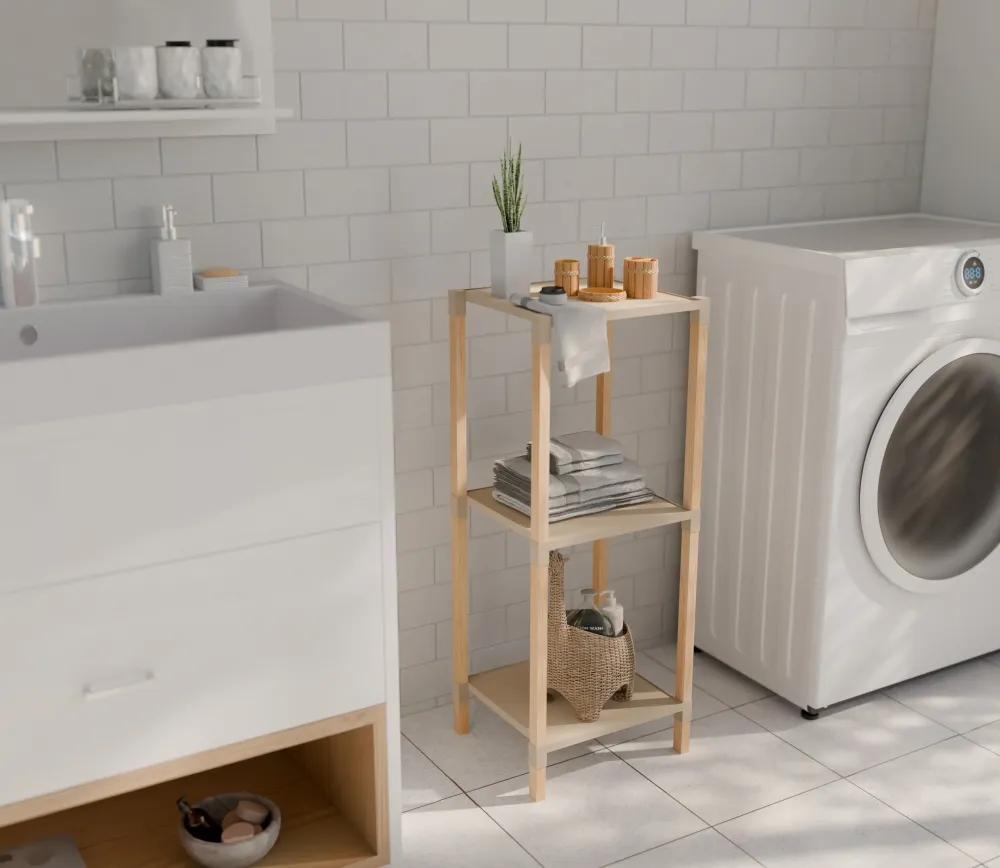 FixWood Houten Modulaire Opbergrek – Massief Hout & Kunststof – Badkamerrek, Keukenrek Plantenrek – 72 cm Hoog – Beige-Nat...