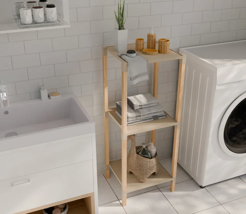 FixWood Houten Modulaire Opbergrek – Massief Hout & Kunststof – Badkamerrek, Keukenrek Plantenrek – 72 cm Hoog – Beige-Nat...