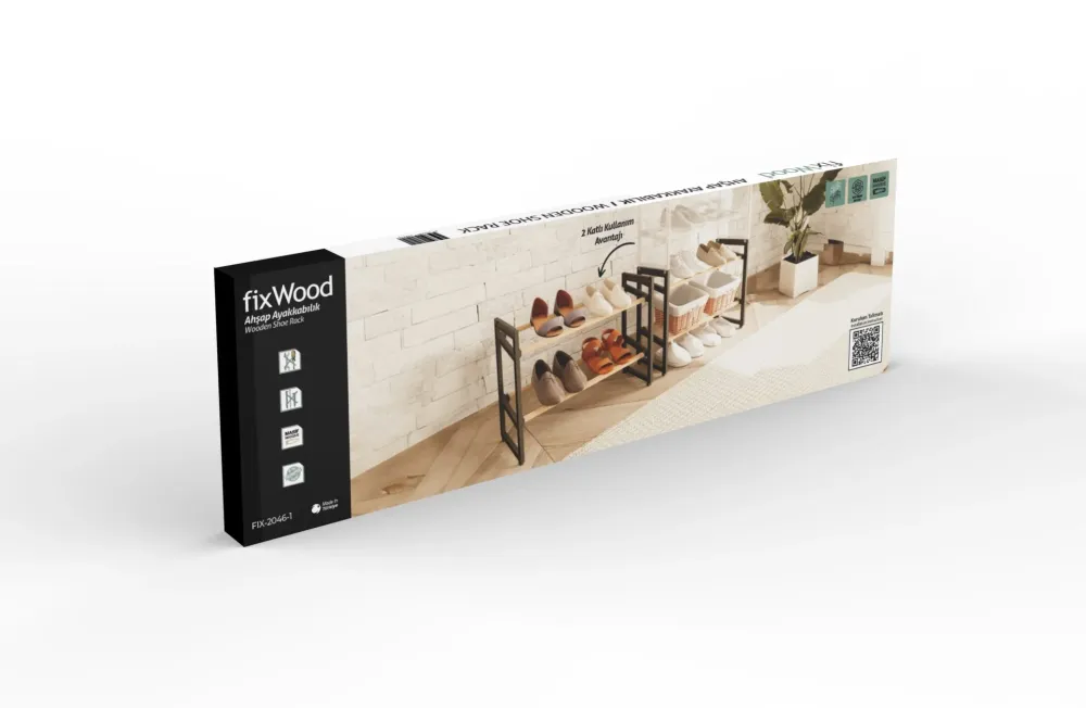 FixWood Houten Schoenenrek – 2--1 Stapelbaar Schoenenrek – 2 4 Lagen – Compact, Duurzaam en Stijlvol – Zwart-Hout – 65x26x...