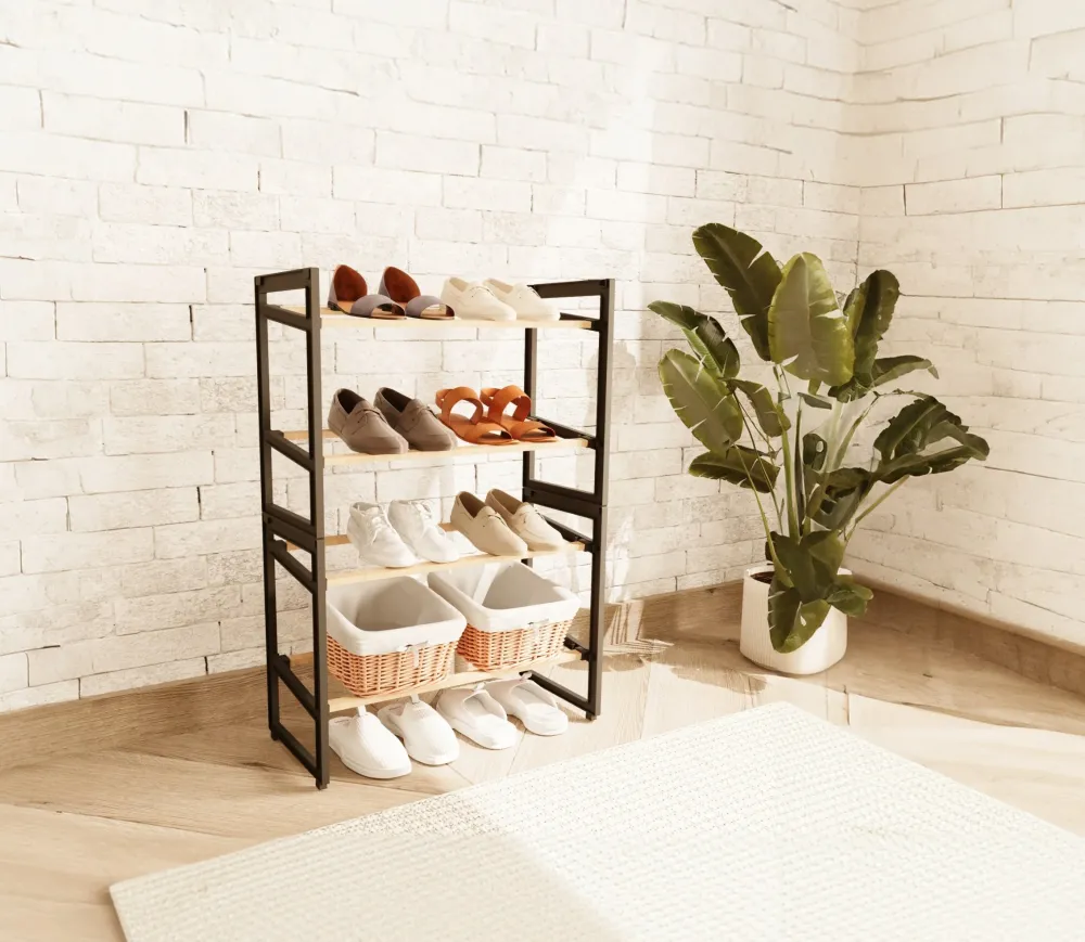 FixWood Houten Schoenenrek – 2--1 Stapelbaar Schoenenrek – 2 4 Lagen – Compact, Duurzaam en Stijlvol – Zwart-Hout – 65x26x...
