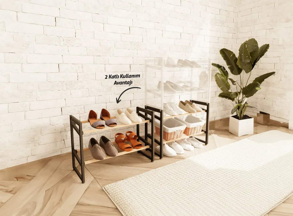 FixWood Houten Schoenenrek – 2--1 Stapelbaar Schoenenrek – 2 4 Lagen – Compact, Duurzaam en Stijlvol – Zwart-Hout – 65x26x...
