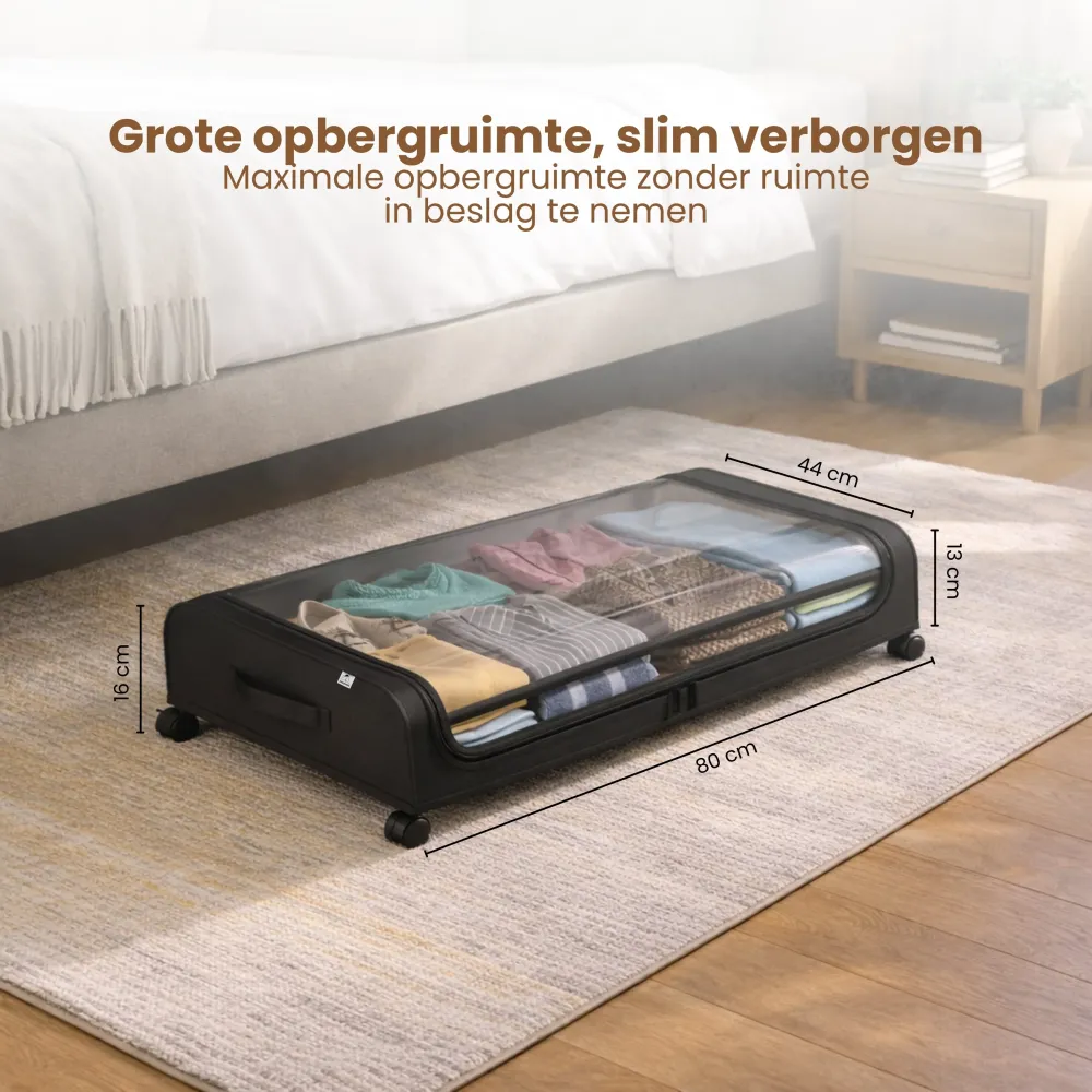Onderbed Opbergbox met Wielen – Opbergbox Onder Bed 80x44x16 cm – Transparant & Stofvrij – Opbergbox voor Kleding, Schoene...