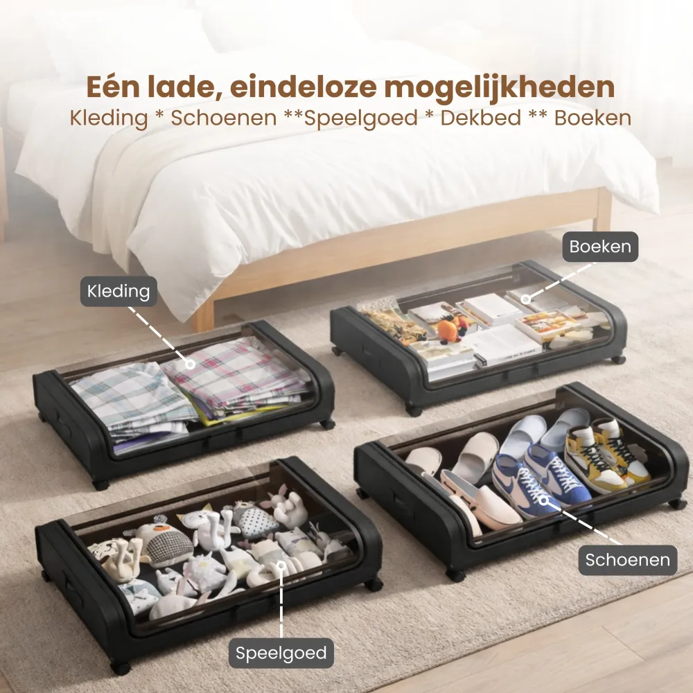 Onderbed Opbergbox met Wielen – Opbergbox Onder Bed 80x44x16 cm – Transparant & Stofvrij – Opbergbox voor Kleding, Schoene...