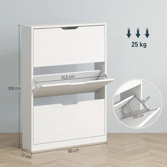 Schoenenkast 3-vaks voor 12 Paar Schoenen mt 47 - 17x80x108 cm - Wit