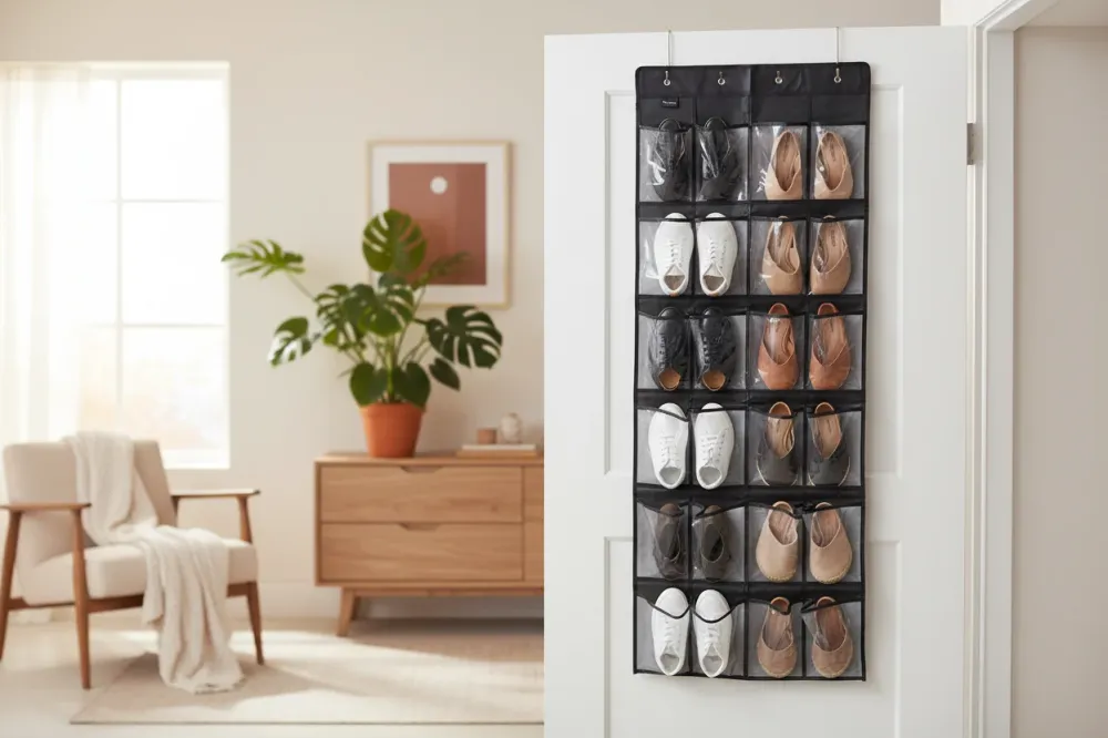 Schoenenkast Hangend - Schoenenzak 24 vakken - Opbergen van Schoenen aan Deur - Zwart - Wit
