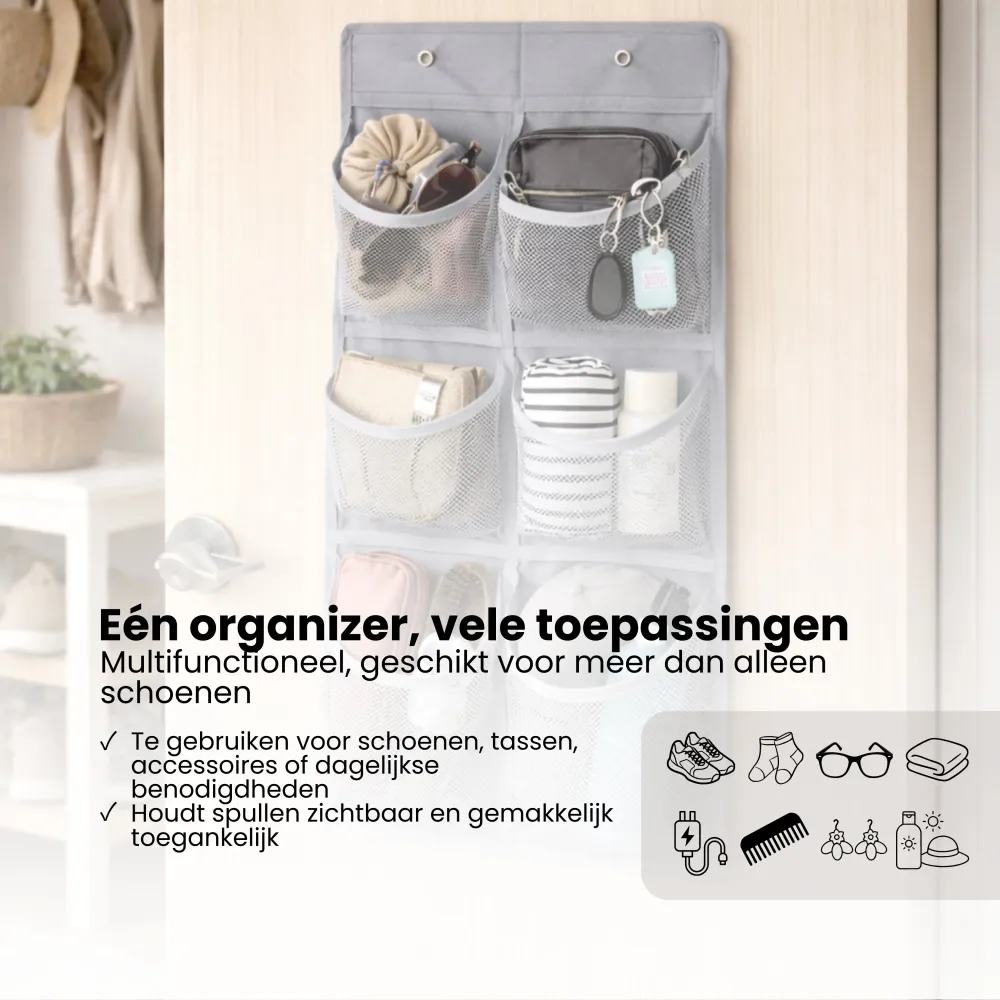 Schoenenkast Hangend - Schoenenzak 6 vakken - Opbergen van Schoenen aan Deur - Schoenenzak Grijs - Oplossing voor rondslin...