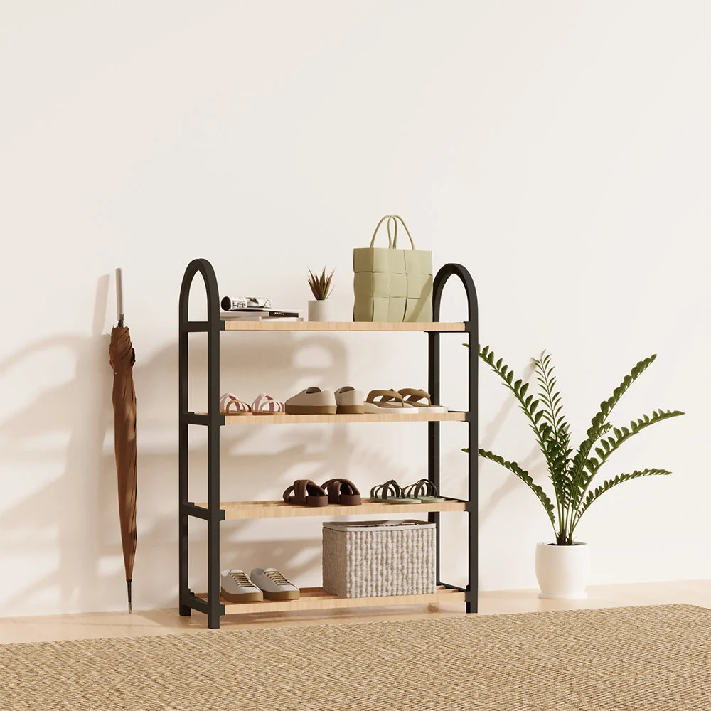 Schoenenrek 4 Lagen – Zwart - Ruimtebesparend Schoenenkast – Modern Design – Metaal & Hout – Voor 12+ Paar Schoenen – Opbe...