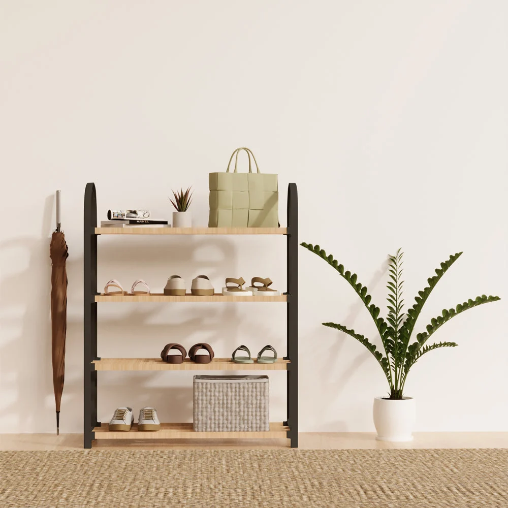 Schoenenrek 4 Lagen – Zwart - Ruimtebesparend Schoenenkast – Modern Design – Metaal & Hout – Voor 12+ Paar Schoenen – Opbe...