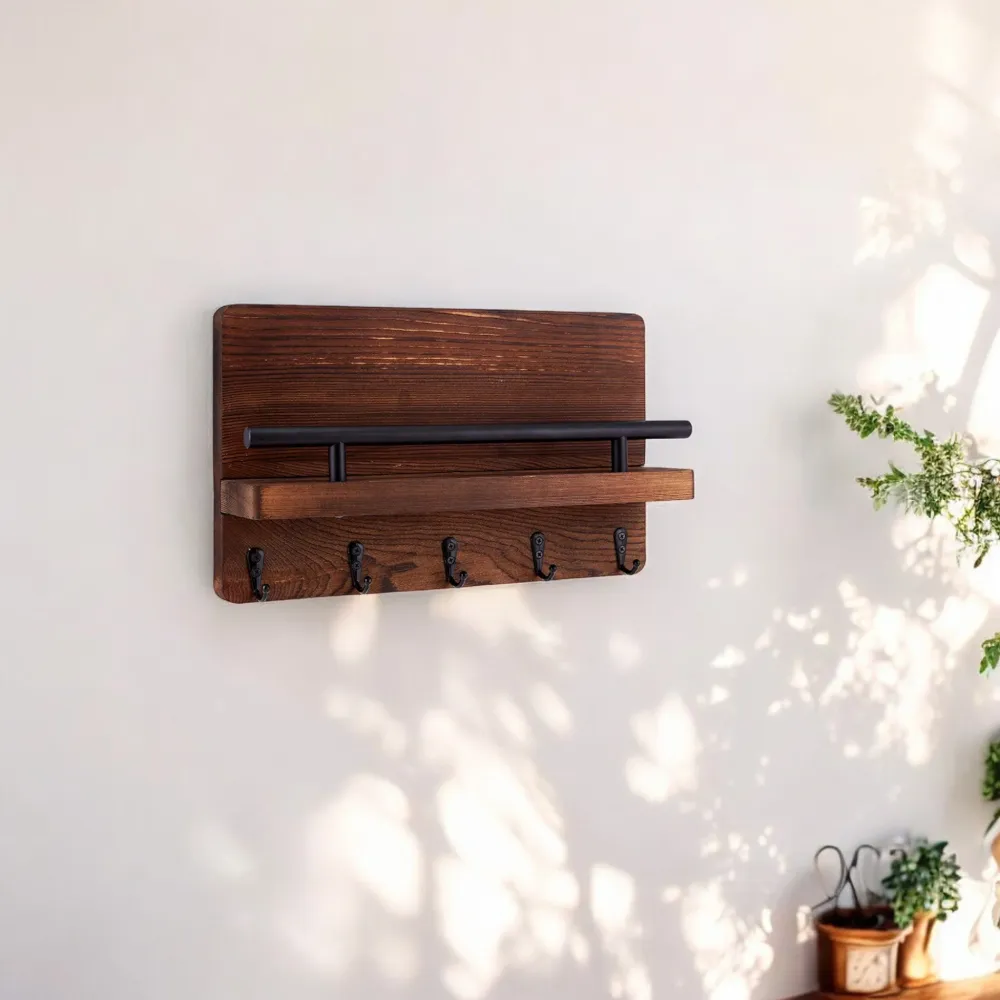 Sleutelrekje - Sleutelkastjes - Vijf sleutelhaken 30 x 18 cm - Beukenhout - Donker Bruin
