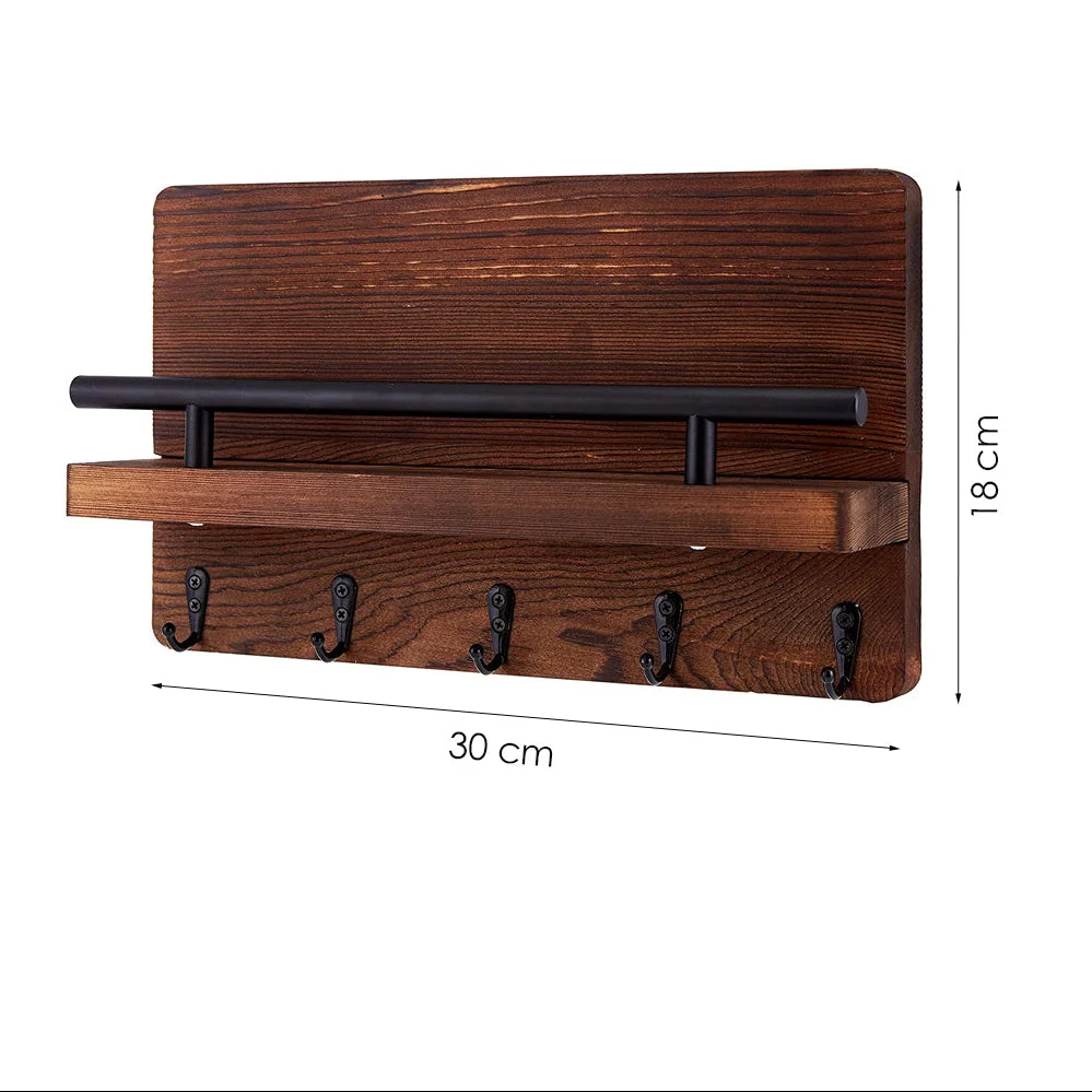 Sleutelrekje - Sleutelkastjes - Vijf sleutelhaken 30 x 18 cm - Beukenhout - Donker Bruin