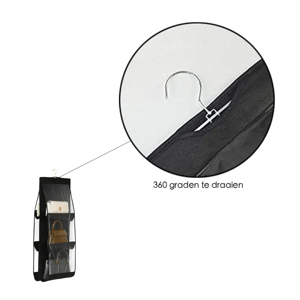 Tassen organizer - Opbergen van 6 Handtassen - Zwart - Hangende tassenopberger - 85 cm x 36 cm - Organiser