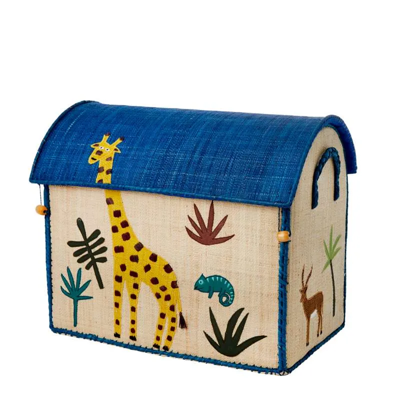 Extra Grote RICE Raffia Opbergmand - Jungle Dieren - Blauw - Middel