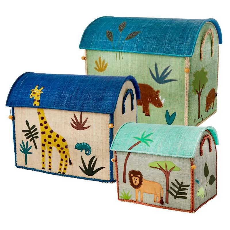Extra Grote RICE Raffia Opbergmand - Jungle Dieren - Blauw - Middel