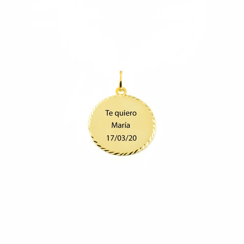 9ct Zonnegeel Gold Personalized Round Shiny Textured Medal 22 x 22 mm