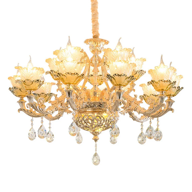 Bloemblaadje woonkamer hangende kroonluchter amber getextureerd glas modernisme hanglamp goud