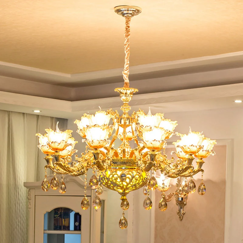 Bloemblaadje woonkamer hangende kroonluchter amber getextureerd glas modernisme hanglamp goud