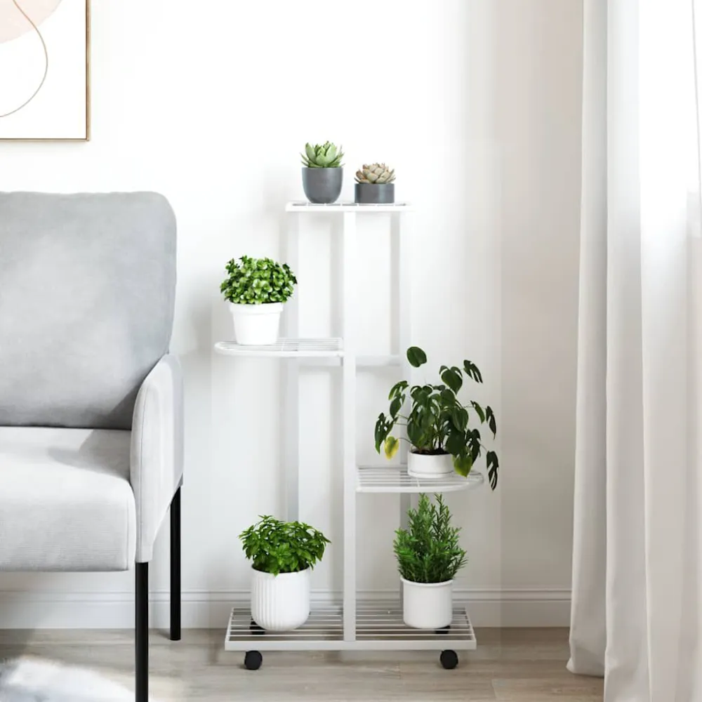 Bloemenstandaard met wielen 4-laags 44x23x80 cm ijzer wit