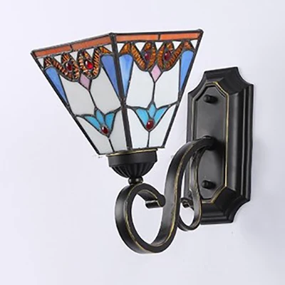 Geometric Wall Mount Fixture Tiffany Style Mission Stained Glaswerk 1 Light Wall Sconce Pink/Brown/Orange-Yellow/Light Blu...