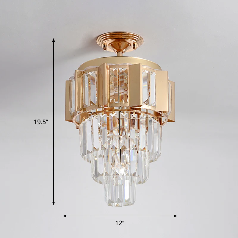 Gold Finish LED Semi Flush Contemporary Glashelder Crystal Prisms Tapered Ceiling Light Fixture Clear