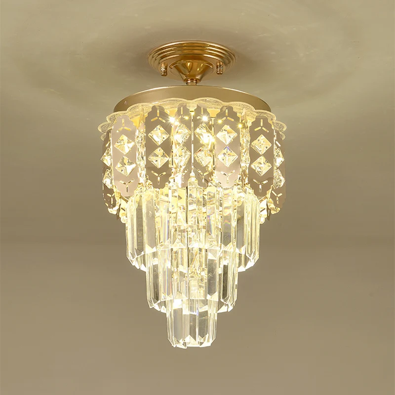 Gold Finish LED Semi Flush Contemporary Glashelder Crystal Prisms Tapered Ceiling Light Fixture Clear