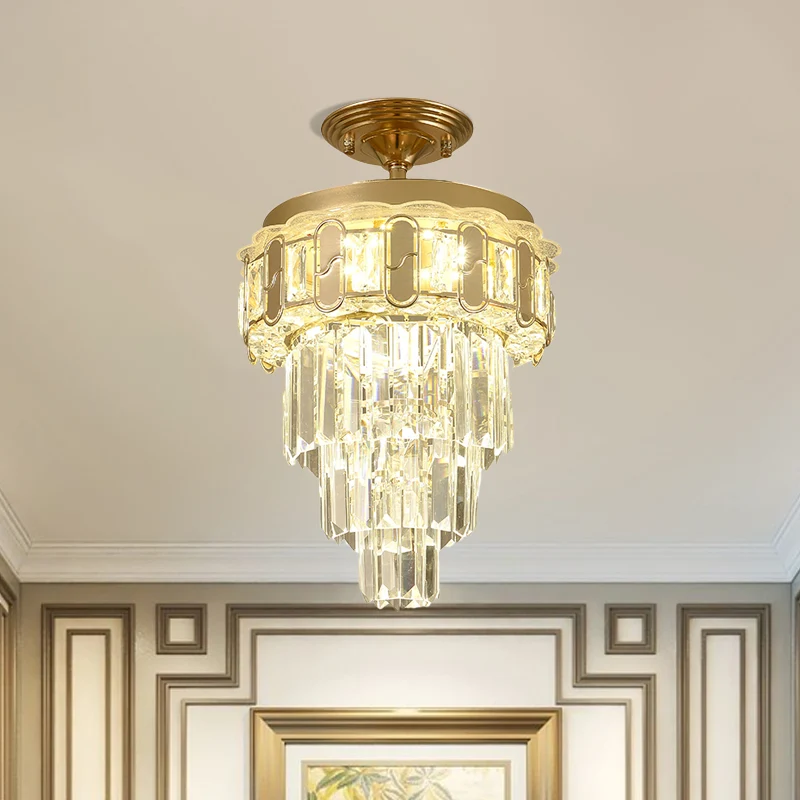 Gold Finish LED Semi Flush Contemporary Glashelder Crystal Prisms Tapered Ceiling Light Fixture Clear