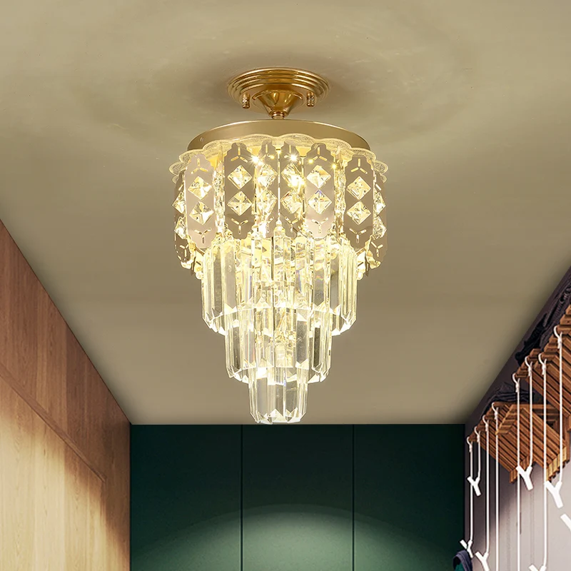 Gold Finish LED Semi Flush Contemporary Glashelder Crystal Prisms Tapered Ceiling Light Fixture Clear