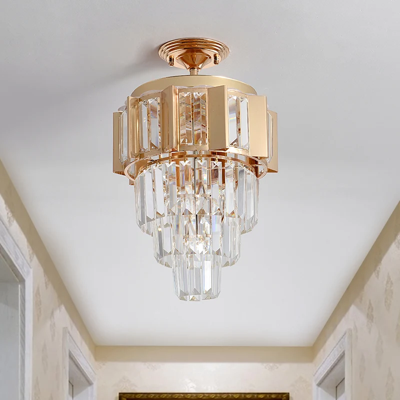 Gouden Finish LED Semi Flush Contemporary Clear Crystal Prisms Tapered Ceiling Light Fixture Clear