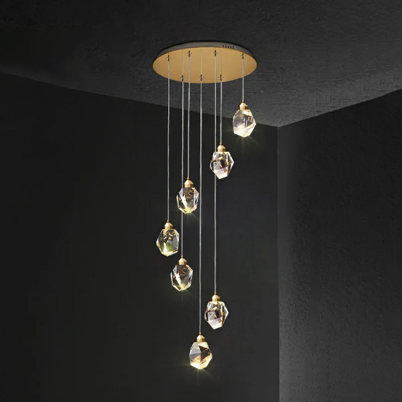 Helder Faceted Crystal Gemstone Hanging Light Minimalistic Multi Pendant Ceiling Light Staircase Clear