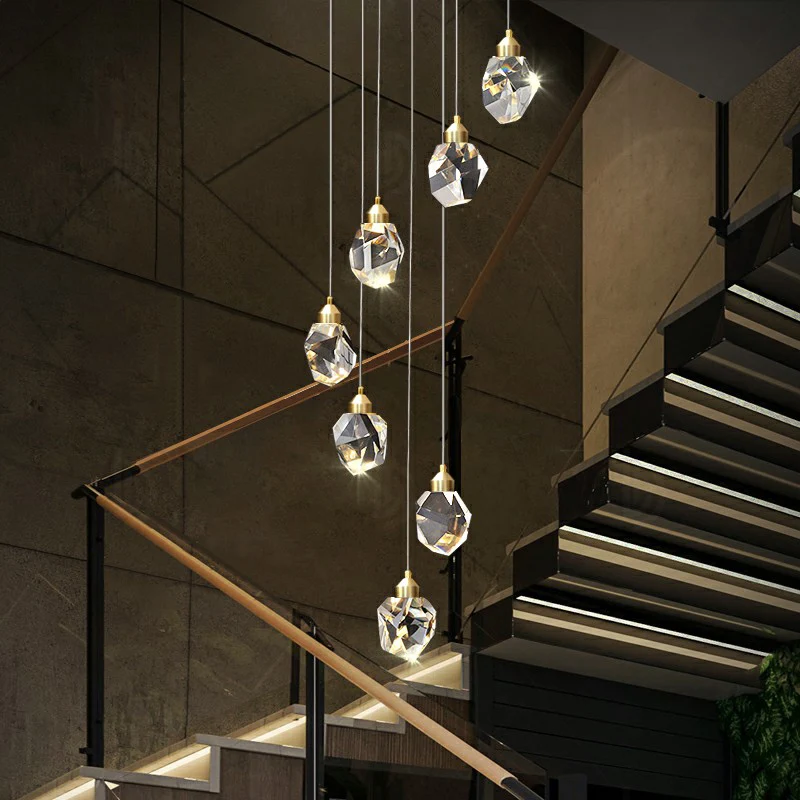 Helder Faceted Crystal Gemstone Hanging Light Minimalistic Multi Pendant Ceiling Light Staircase Clear