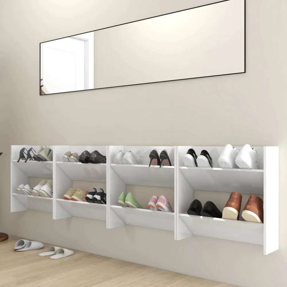 Wandschoenenkasten 4 st 60x18x60 cm bewerkt hout hoogglans wit