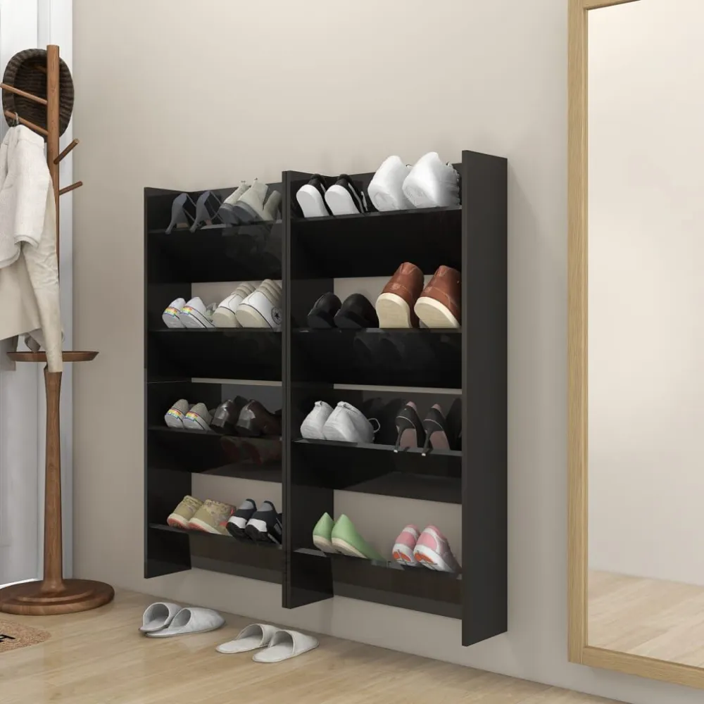 Wandschoenenkasten 4 st 60x18x60 cm hout hoogglans zwart