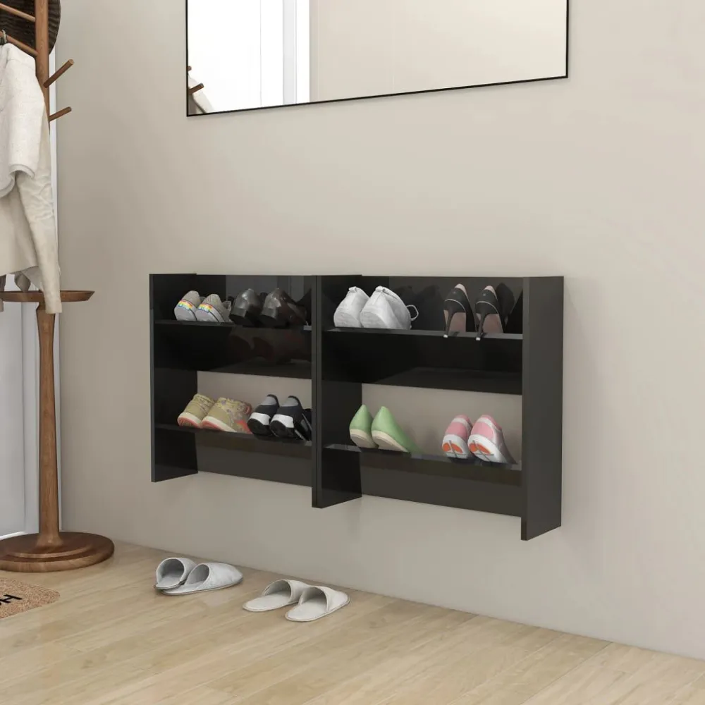 Wandschoenenkasten 2 st 60x18x60 cm hout hoogglans zwart