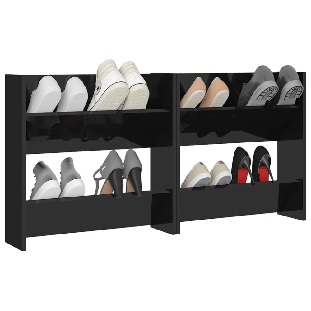 Wandschoenenkasten 2 st 60x18x60 cm hout hoogglans zwart