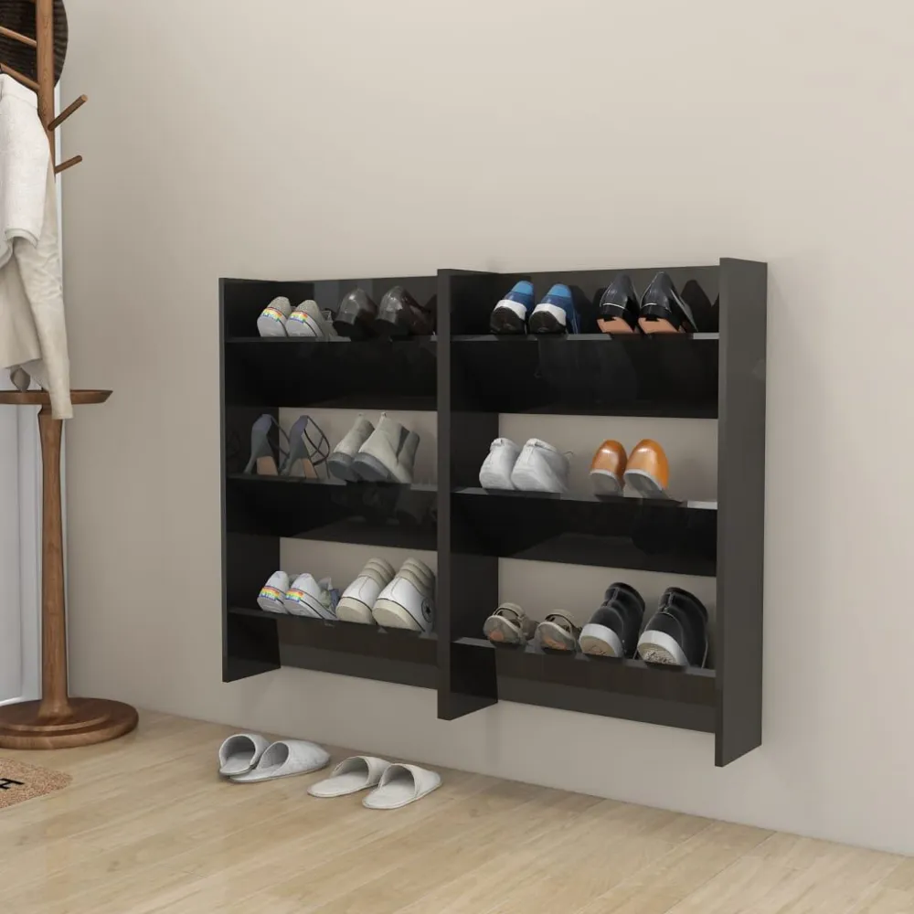 Wandschoenenkasten 2 st 60x18x90 cm hout hoogglans zwart