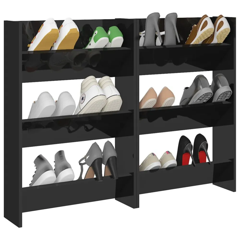 Wandschoenenkasten 2 st 60x18x90 cm hout hoogglans zwart